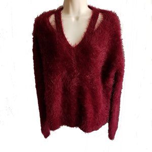Love Stitch Fuzzy Maroon Cut Out  Sweater Size Small
